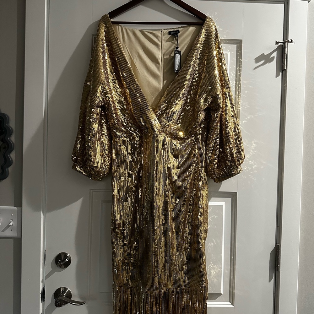 Boohoo Gold Sequin Midi Gown with Plunge Neckline